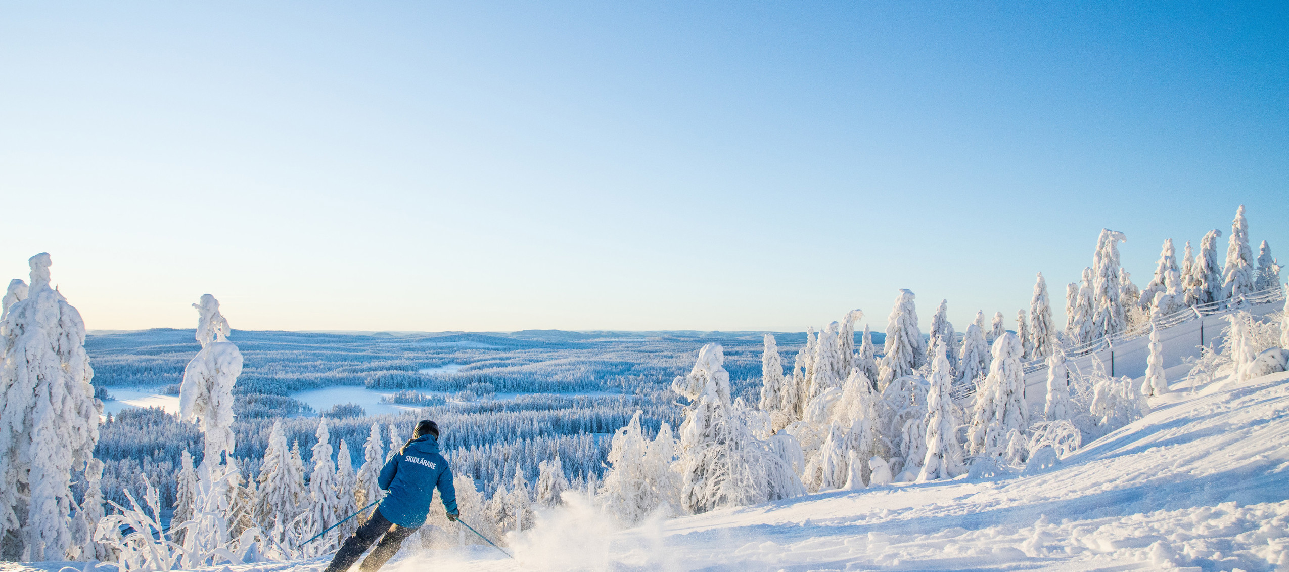 Person åker skidor i en solig pist omgiven av snötyngda träd med utsikt över ett vinterlandskap.